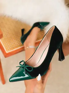 Women's High Heels, Stylish – Suede & Patent Leather Patchwork, Pointed Toe Stiletto Heel, Bow Accent, Versatile Office Formal Shoes, Perfect for Christmas, Thanksgiving, Weddings, Parties, Banquets, Daily Commute, Mother's Day