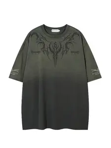 American Vintage Washed Tie-Dye Gradient Flame Thorn Baggy Short Sleeve T-Shirt, Unisex Streetwear Trendy Fashion Casual Round Neck Half Sleeve Tee