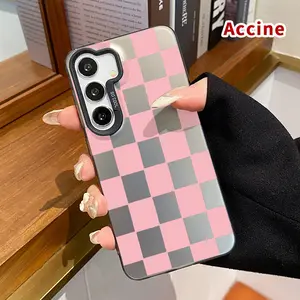 Pink checkered Pattern Phone Case Compatible with Galaxy S23 Ultra S24 Plus S25 S22+ Shockproof Non Slip Military-Grade Protection Slim Cover Cellphone Protective