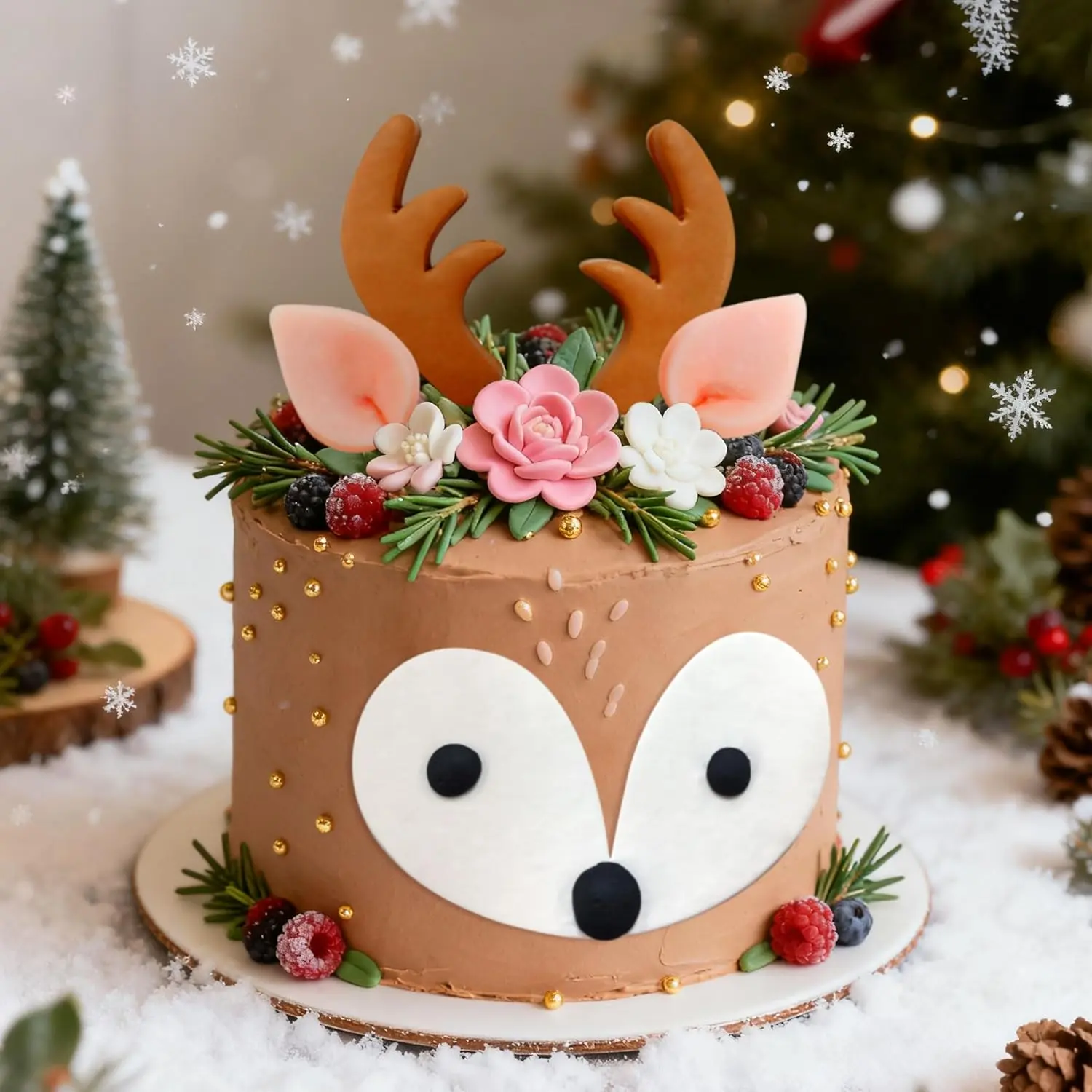 Reindeer Cake Toppers Christmas Deer Party Favors Wonderland Baby Shower Cake Decoration with Festive Floral Accents for 4-6 Inch Cakes