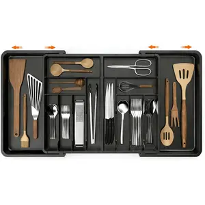 Utensil Organizer for Kitchen Drawer, Expandable Cooking Silverware Tray,Large Silverware Drawer Organizer,Plastic Spatula Tools Storage Divider, 21.6-38", Black