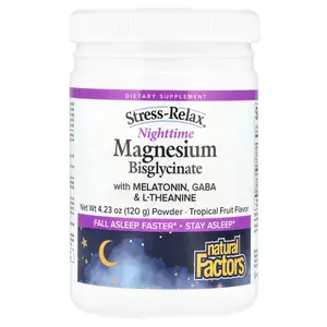Natural Factors Stress-Relax®, Nighttime Magnesium Bisglycinate Powder with Melatonin, Gaba & L-Theanine, Tropical Fruit, 4.23 oz (120 g)