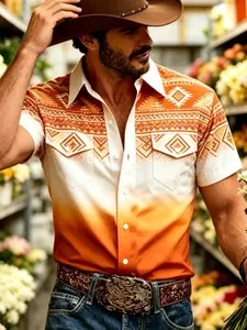 American Ethnic Western Print Retro Short Sleeve Shirt, Men's Casual Slim-Fit Workwear Top, Two Pockets, Solid Pattern, Mainland China