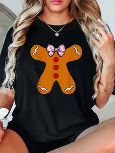 100% Cotton Unisex Coquette Bow Gingerbread Man Costume Halloween Christmas T-Shirt，Autumn Women's T-shirt Christmas Happy Letter Snowflake Fun Pattern