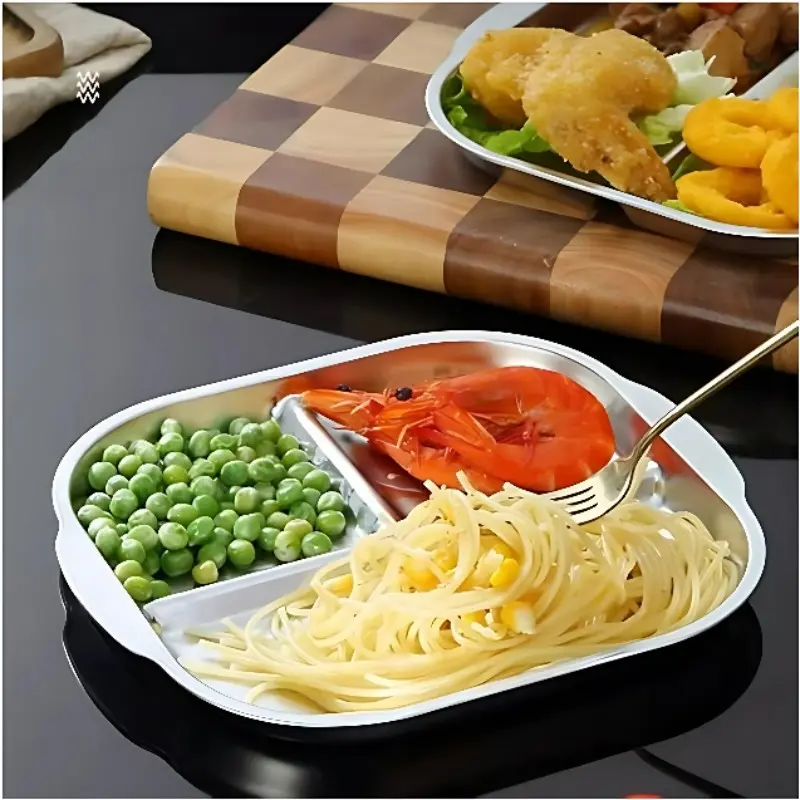 304 Stainless Steel Divided Plate, Two Styles Available, One-Piece Construction, Ideal for Party, Camping, Picnic, Self-Service Dining, Divider Plate, Serving Plates, Food Tableware