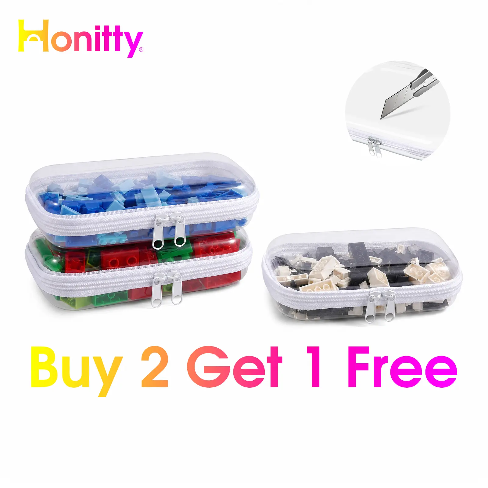 [BUY 3 GET 1 FREE] HONITTY Clear Organizer Storage Box Clear Hard Zipper Cas Classic PVC Hard Zipper Storage Containers, Portable Home Organizer for Tools, Travel-Friendly Case for Makeup Kits & Building Toy Accessories