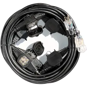 50FT 12 Gauge SJTW Power Extension Cord 3 Prong, 5-15R Male Plug to Female Connector, 6 Outlet, Multiple Evenly-Spaced Plug, Suitable for Stage Setting or Outdoor, UL Certified