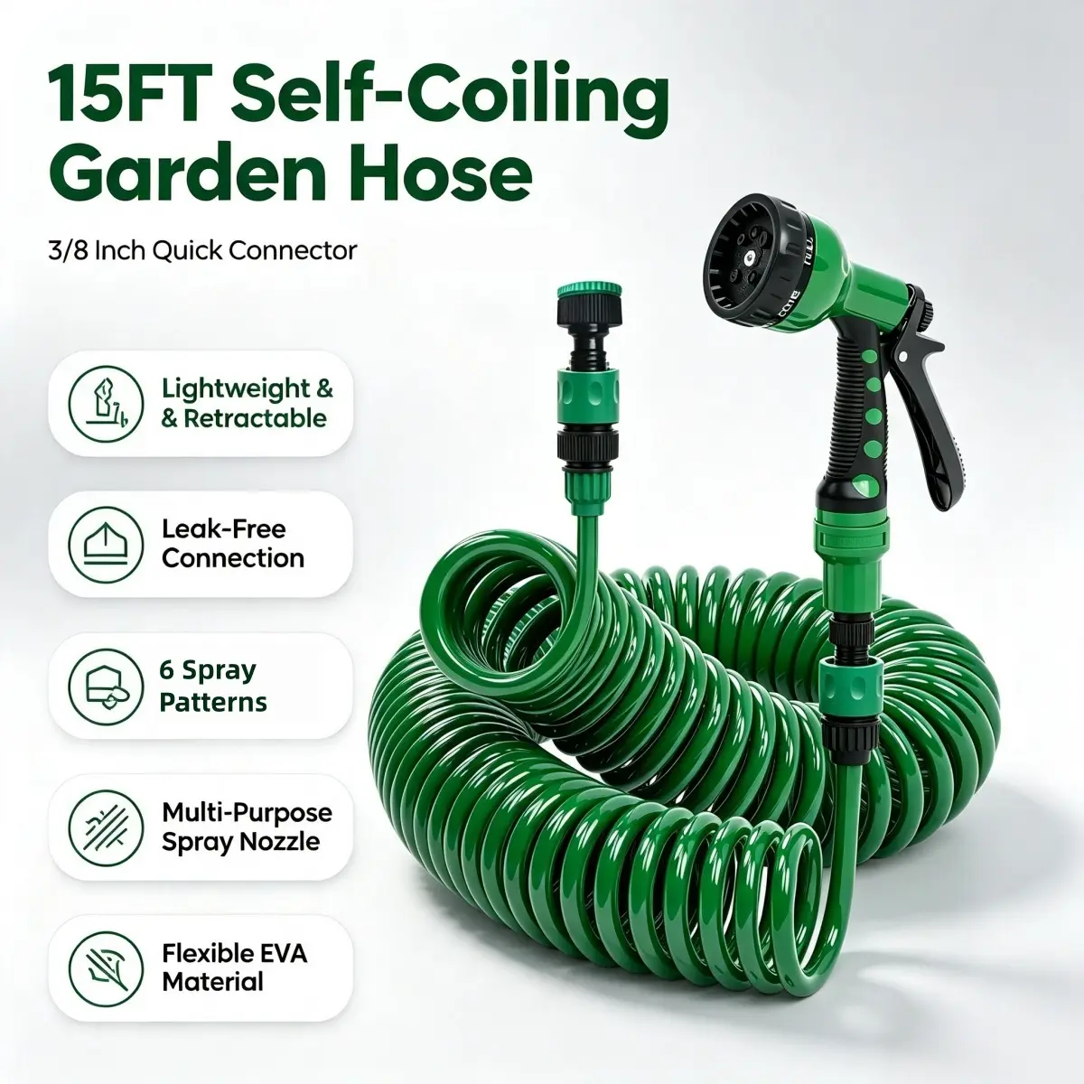 50 ft Coil Garden Hose, EVA Curly Water Hose with 3/8" Quick Connector & Faucet Connector, Recoil Garden Water Hose Retractable Corrosion Resistant, 7-Pattern Function Sprayer