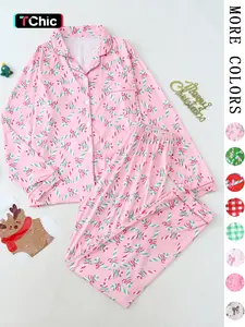 【Christmas Pajamas】Two-Piece Set Women's Candy Bow Print Button Front Lapel Shirt & Pants Pyjama, Casual Comfy Long Sleeve Collared Pocket Top & Trousers Pj Set, Women's Sleepwear for Fall, Lady