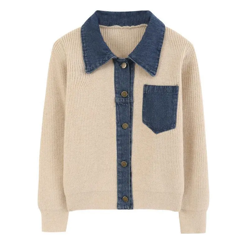Women's Casual Denim Patchwork Knitting Cardigan Jacket - Lady's Fashion Clothes, Knit Polo Collar, Long Sleeve, Loose Fit, Pockets, Autumn Sports Outerwear