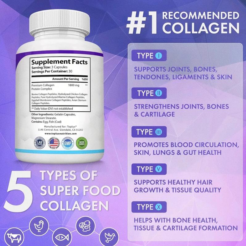 Toplux 5 - Type Collagen Peptides | 1800mg, US- Made| 90 Caps for Radiant Skin, Strong Nails & Joint Health Healthcare Supplement Colagen Edible Fitness Dietary Beauty