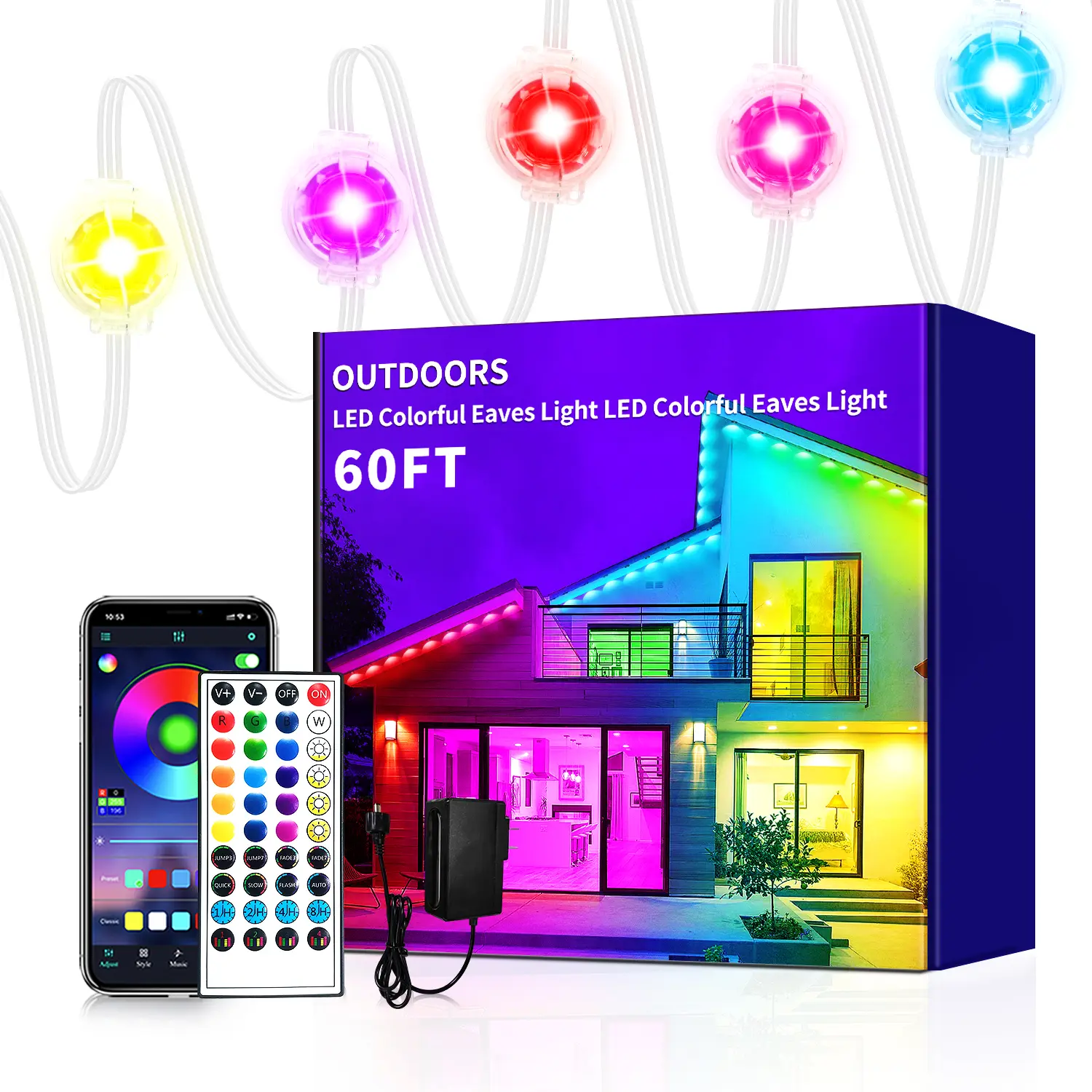 SEGRASS 50ft RGB Digital Color Mixing LED Permanent Decorative Lamps - IP67 Bluetooth Waterproof Eave & Wall Outdoor Lights, Energy-Efficient, Music-Sync Fixtures for Halloween, Independence Day, Party, Mood & Colorful Backyard Use