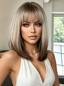 Short Gradient Bob Wig, 14 Inches with Bangs, Natural Straight Synthetic Hair, Heat Resistant, Suitable for Daily Wear/prom/halloween, Ombre Wig, Party Wigs