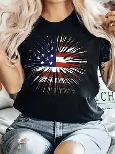 Plus Size - [Trebalena Graphic Tee]Comfortable Women'S Oversized Print T-shirt "Patriotic Burst American Flag T-Shirt for Women - Casual Patriotic Style, Perfect for 4th of July Celebrations and Festive Events" 100% Short Sleeve Crew Neck Fashion Ca