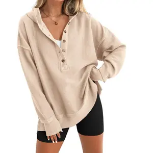 Womens Fashion Long Sleeve Hoodie Button Up V Neck Sweatshirt Side Slit Casual Pullover Tops