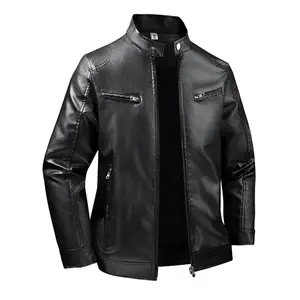 Men's Black Slim Fit PU Leather Jacket - Stand Collar + Zipper Details