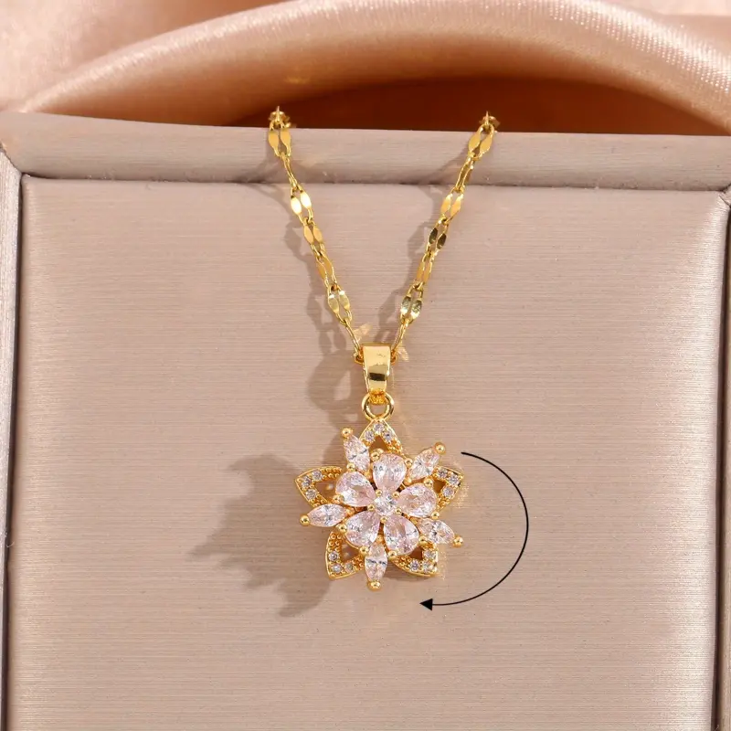 Women's Elegant 360° Rotating White Star Flower Pendant Necklace - Titanium Steel Chain, Synthetic Cubic Zirconia, Romantic Gift for Daily & Special Occasions