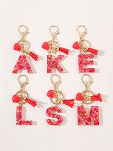 Resin Fashion Name Initial Keychain Kawaii A-Z Alphabet Key Chain Heart Tassel Decor Women Backpack Bag Gift Valentine's Day Car Key Ring
