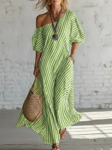 Women's Elegant Bohemian Striped off Shoulder Dress, Fashion Chic Casual Flowy Summer Dress, Ideal for Daily Wear, Date, Brunch, Vacation, Beach