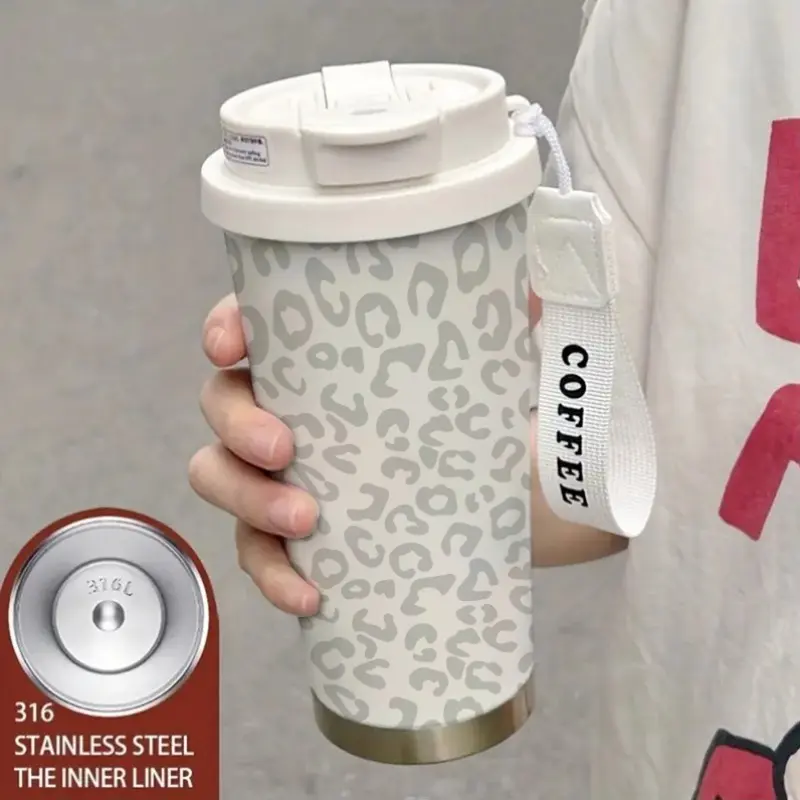 Leopard Print Double Walled Insulated Coffee Cup with Lid and Straw, Stainless Steel, Portable, Dual Layer Thermal Design, Travel & Outdoor Use