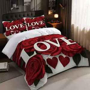 Three-piece romantic red rose love printed quilt cover set, bedding suitable for all seasons, suitable for couples, perfect for bedroom and guest room decoration, Duvet Cover Set