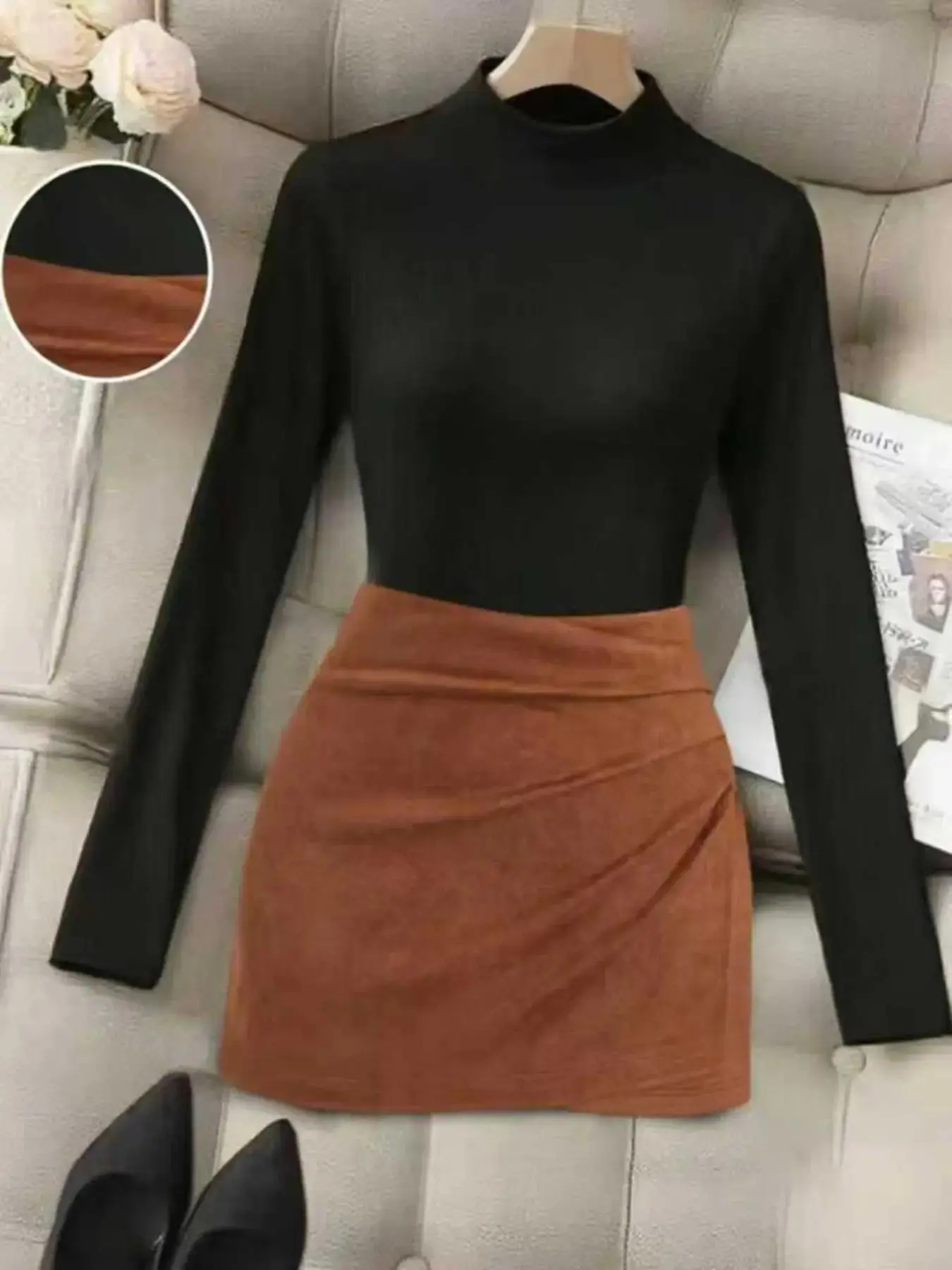 Women's Fall Winter High Neck Turtleneck Long Sleeve Ribbed T-Shirt Top and Pleated Midi Skirt Set, Casual Fashion Two-Piece Outfit, Fitted Set Outfit, Y2K Style, Chic, Plain Pattern, Clothes, Womenswear