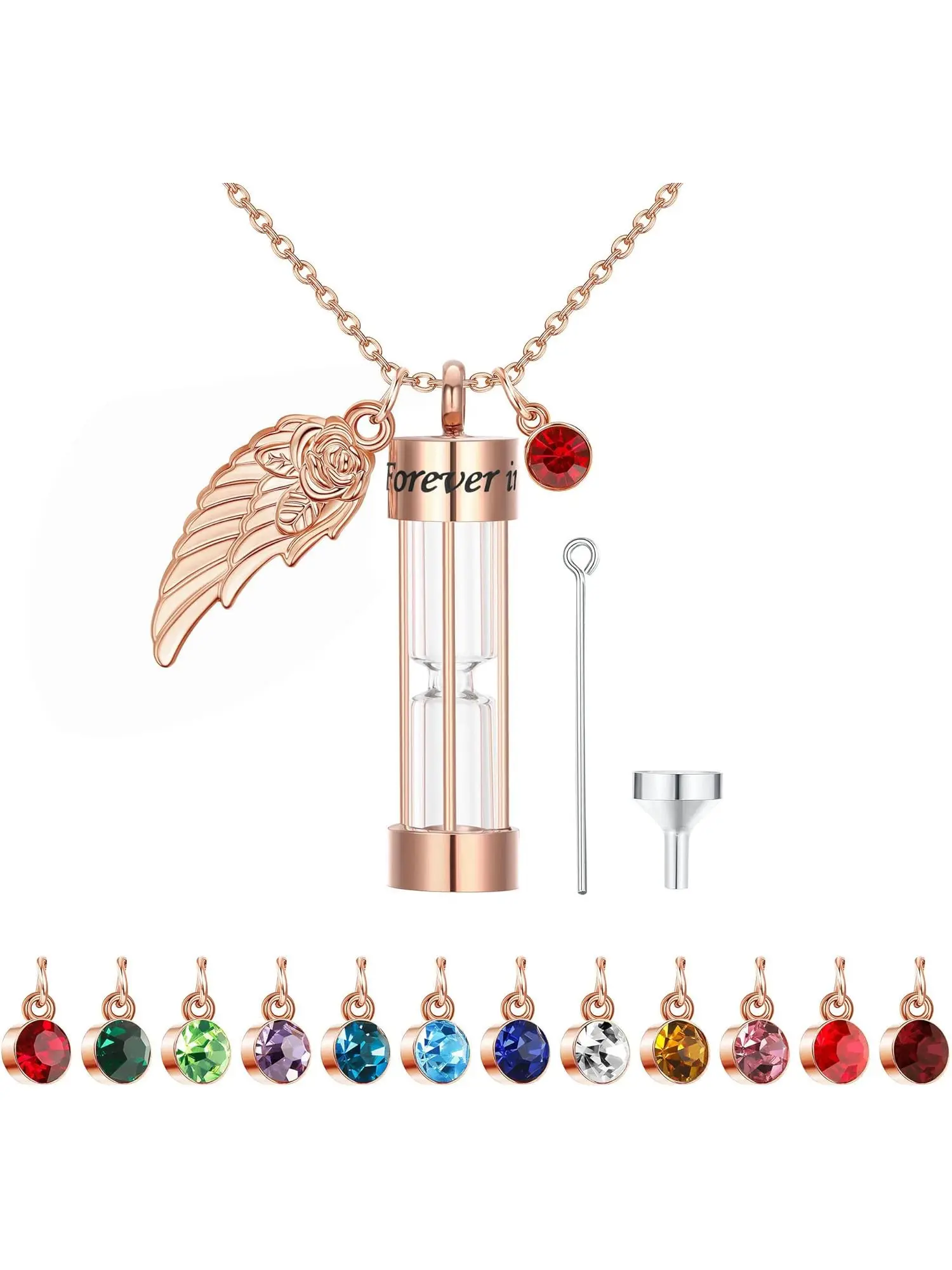 Cremation Urn Love Necklace for Ashes with 12 Birthstone Timeless Hourglass Memorial Pendant Keepsake Jewelry for Human Pet Ashes with Angel Wing Dainty Necklace Necklace Gift
