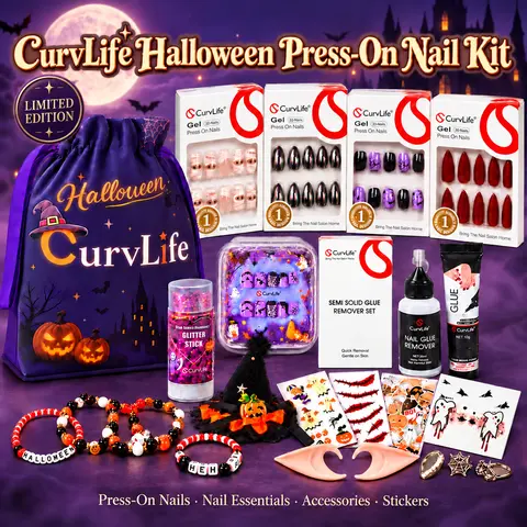 Halloween Press on Nails Set, Curvlife Limited Edition Value Pack with Solid Nail Gel Glue & Remover, Glossy Dark Ghost Pumpkin Bat Spider Web Black Orange French Tip Glue on Nails, Reusable Acrylic False Nails Kit for Women, Holiday Nail Art Bundle