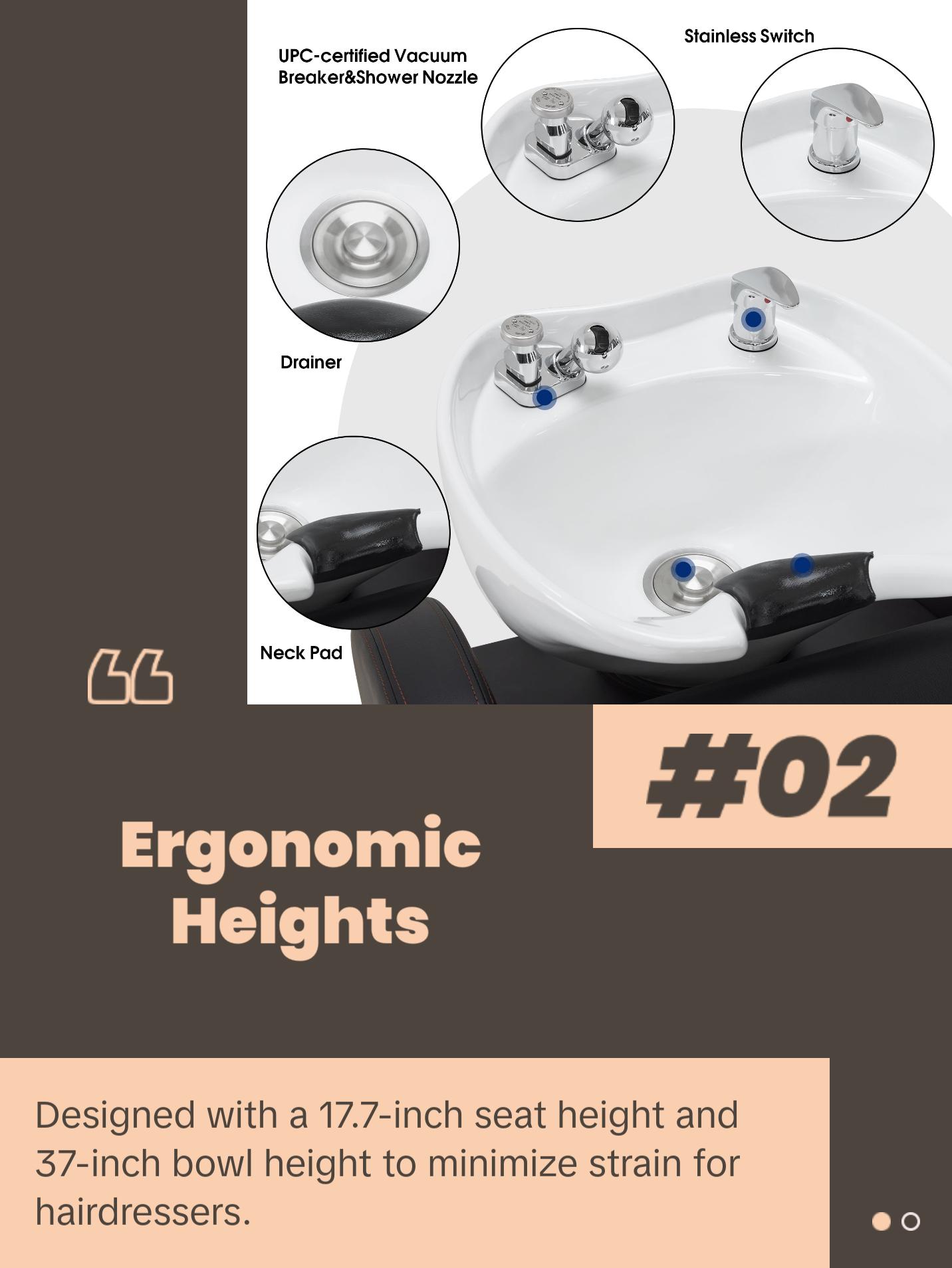 BarberPub Shampoo Bowl and Chair Set, Adjustable Ceramic Bowl and Chair for Salon 9312