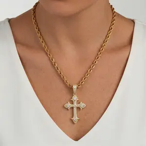 Iced Out Cross Pendant Necklace, 14K Gold Plated, Cubic Zirconia Jesus Cross Necklace , Hip Hop Gothic Style