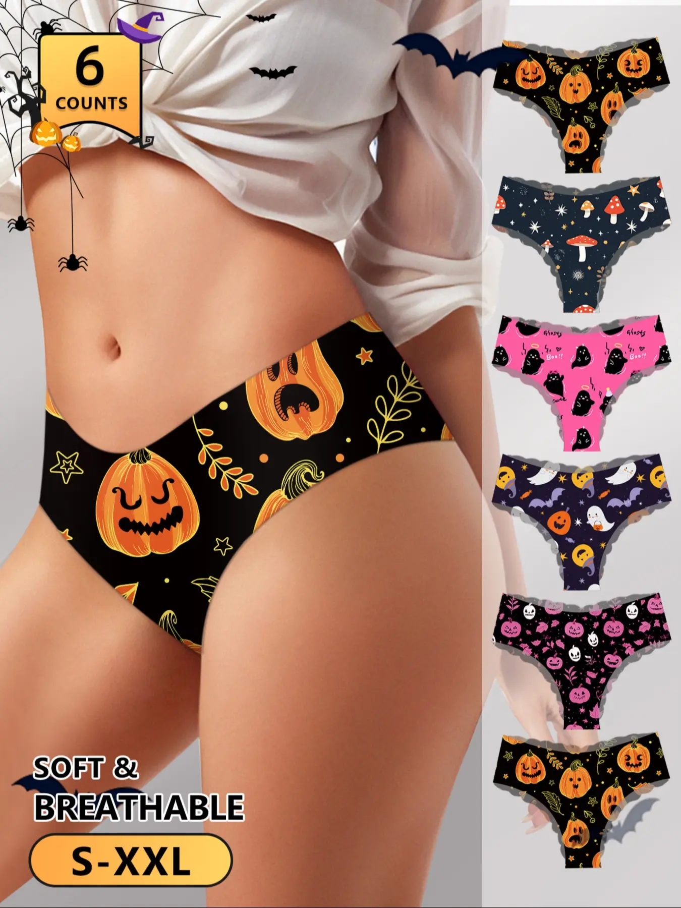 6-Pack Halloween Themed Underwear, Soft Breathable Smooth Fun Print Invisible Briefs Panties, Pumpkin Skull Design, Sizes S-Xxl, Casual Fitted Style