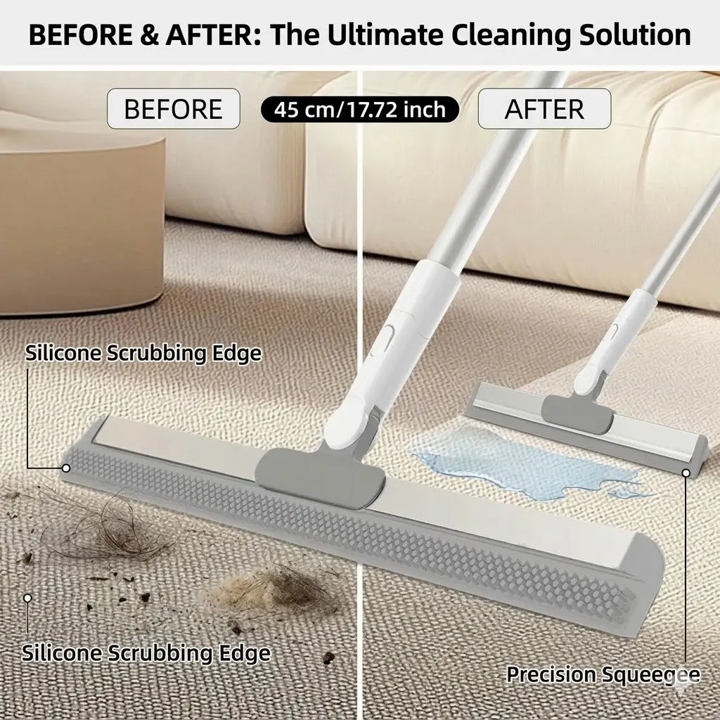 Silicone Rubber Broom with Non-Stick Head, 75cm-117cm Extendable Multifunctional Cleaning Tool, Dry-Wet Dual-Use Water Scraper Mop for Bathrooms