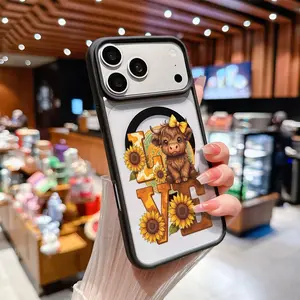 Magnetic Soft Case for iPhone 17 16 Pro Max Plus 15 14 13 12 11 Air Highland cattle And sunflowers Pattern Anti-Yellowing Shockproof ultra-thin Silicone Crystal Transparent Acrylic Cover Supports Wireless Charging