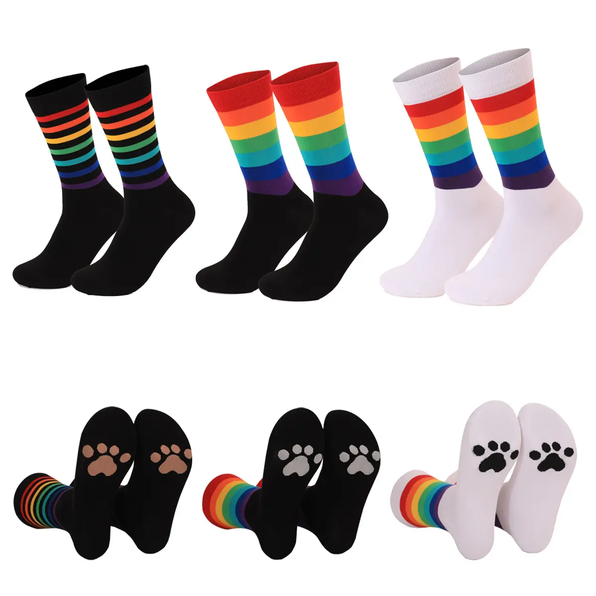 Rainbow Striped Crew Socks with Hidden Animal Paw Print Sole - Cute Novelty Socks for Women & Men Colorful Rainbow Pride Tube Socks - Funny Animal Lover Gift