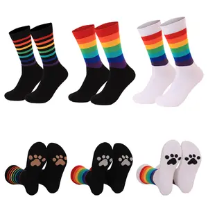 Rainbow Striped Crew Socks with Hidden Animal Paw Print Sole - Cute Novelty Socks for Women & Men Colorful Rainbow Pride Tube Socks - Funny Animal Lover Gift