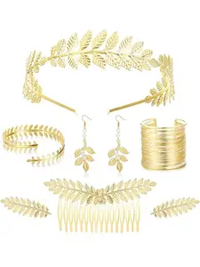 8 Pcs Greek Goddess Accessories Set for Women Gold Plated Grecian Goddess Costume Accessories Laurel Leaf Headbacd Arm Cuff Coil Bracelet Earrings Leaves Hair Comb for Bridal Wedding Toga Party