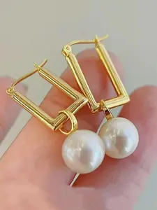 Faux Pearl Decor Geometric Design Dangle Earrings, Elegant Jewelry for Women, Trendy All-match & Exquisite Jewelry for Birthday Gift