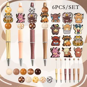 6pcs New Cartoon Highland Cow Animal Theme DIY Bead Pen Set, Creative Office Learning Supplies Handmade Gift