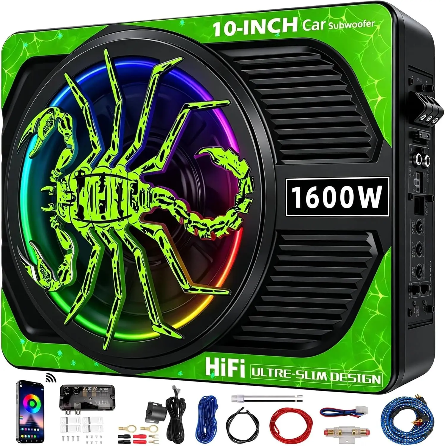 Upgraded 10in 1600W Slim Under-Seat Car Subwoofer with Built-in Amplifier, LED Ambient Lights - Low-Profile Car Audio Bass Sub with Individual Controls (LPF/Gain/Bass Boost), High-Output Distortion-Free Sound