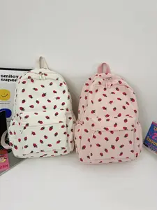 Fashionable Teenage Girls' Backpack, High School Velvet Strawberry Print Computer Bag, Dual Shoulder Strap Student Bookbag, Trendy Backpack