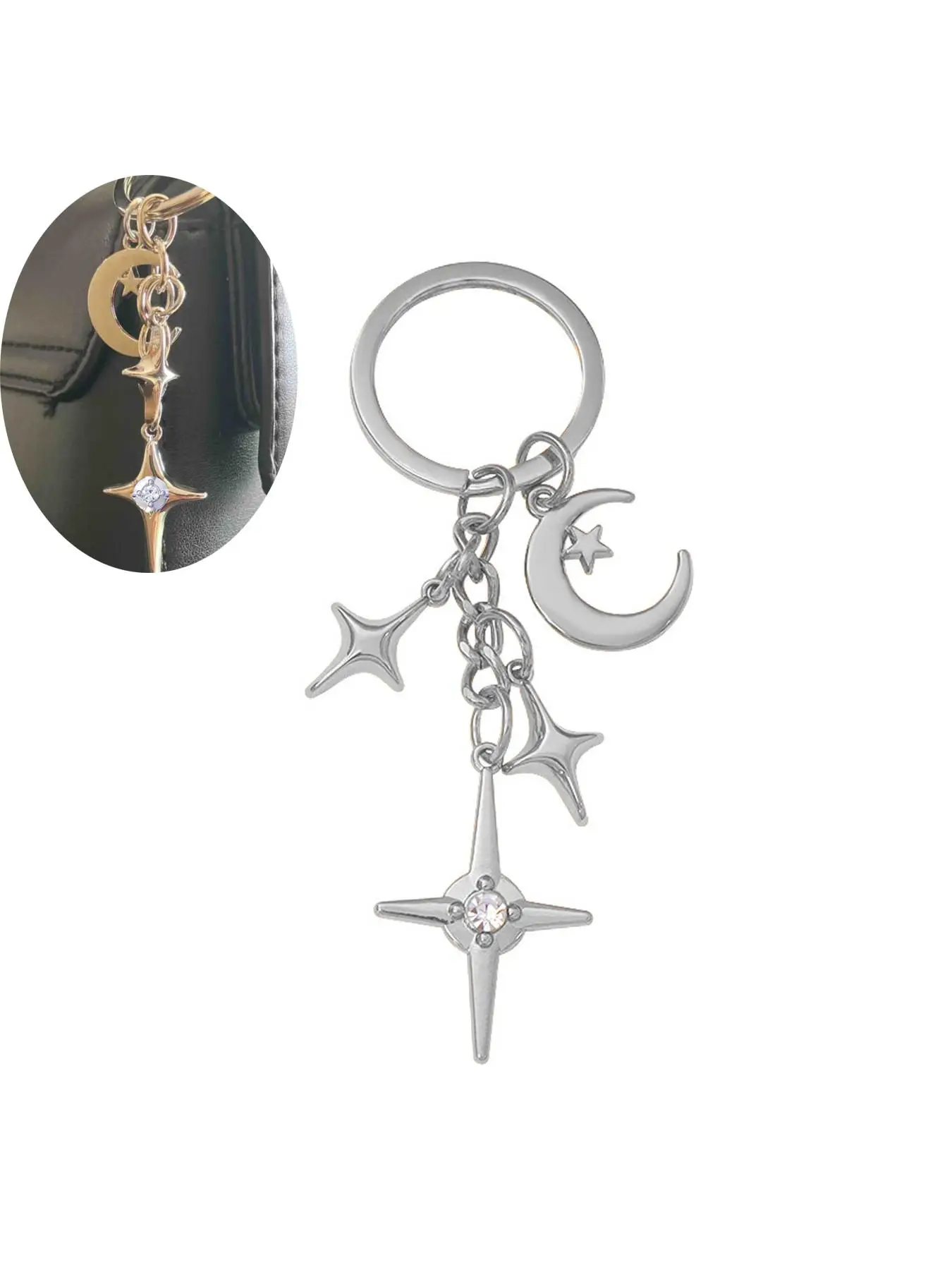 Fashion Rhinestone Decorated Keychain, Cute Star & Moon Design Bag Charm for Women & Men, Trendy All-match Keychain for Birthday Gift
