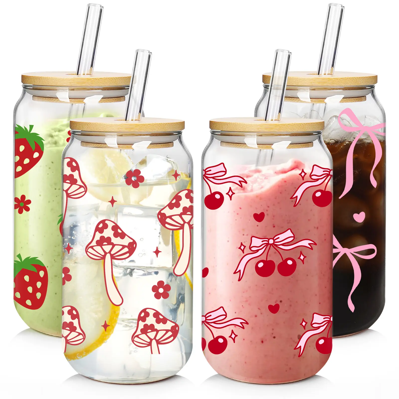 Summervibes 18oz Glass Cups with Lids and Straws with Design Cherry Strawberry Mushroom Bow , 4 pcs Clear Glass Cups 18oz-Drinking Glasses Set,Glass Tumbler,Cute Design Glass Iced Coffee Cups with Lids and Straws