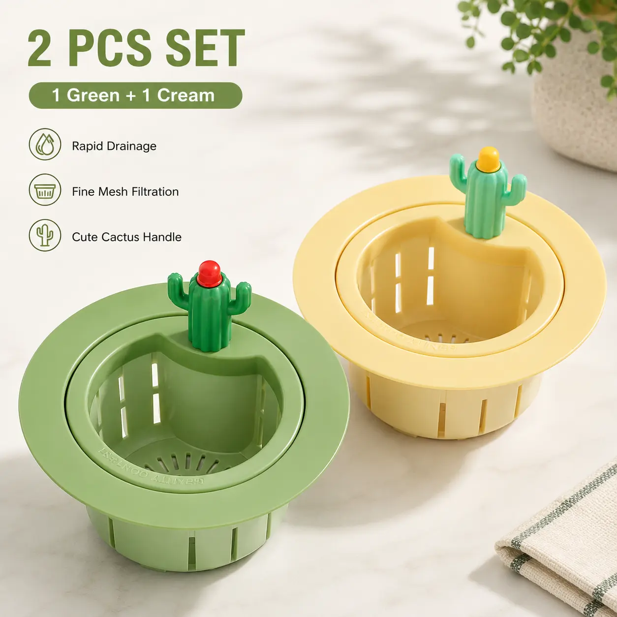 2pcs Cactus Sink Filter Basket, Versatile Kitchen Sink Strainer Cute Sink Filter Basket Kitchen Gadgets Press Automatic Dumping Basket for Home Use (Green & Yellow),campingessentials,campinggear