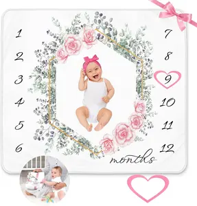 Baby Monthly Milestone Blanket Floral - Baby Girl Blanket with Heart Frame, 50x40 inches, Durable Modern Blanket, Machine Washable, Eucalyptus
