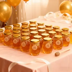 Mini Glass Honey Jar Set, Round Glass Jars with Lids, Includes Wooden Dipper, Rope, Thank You Cards, Gift Jar, Perfect for Baby Shower, Wedding, Birthday Parties