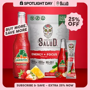 Salud x Jarritos 2-in-1 [Energy + Focus – Fruit Punch] Clean Energy Drink Mix, Agua Fresca, Organic Caffeine, B6 & B12, L-Theanine, Drink Packets, Non-GMO, Gluten Free, Vegan, Low Calorie, 1g Sugar (15 Servings)