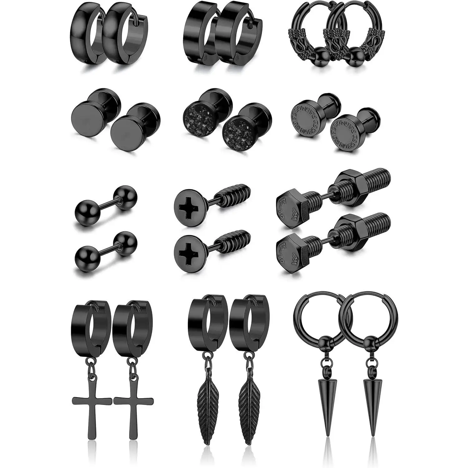 FLORIDECO 12 Pairs Stainless Steel Earrings for Men Black Silver Earrings Stud Kit for Men Women Fashion Piercing Jewelry Tiny Ball Barbell Screw Stud