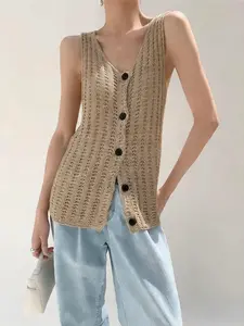 Women's V-Neck Knitted Slim Fit Vest, Summer Hollow Out Sun Protection Top, Sleeveless Open Front Shirt, Vacation Style