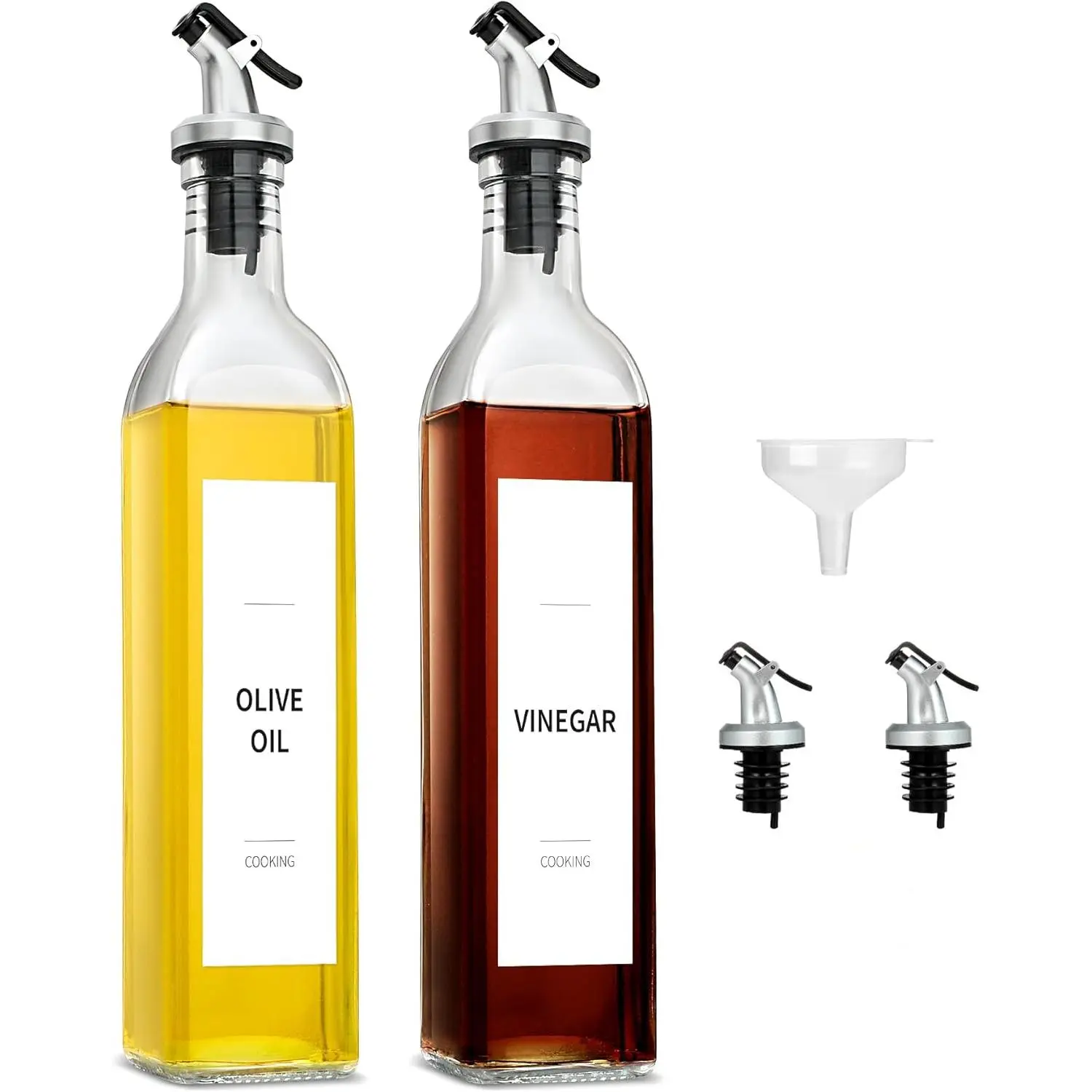 ISUN Olive Oil and Vinegar Dispenser Bottle Set, 2Pack Oil and Vinegar Dispenser Bottle, 17oz Kitchen Oil Dispenser, Glass Cooking Oil Dispenser, Clear Glass Bottles for Oil with Funnel and Labels