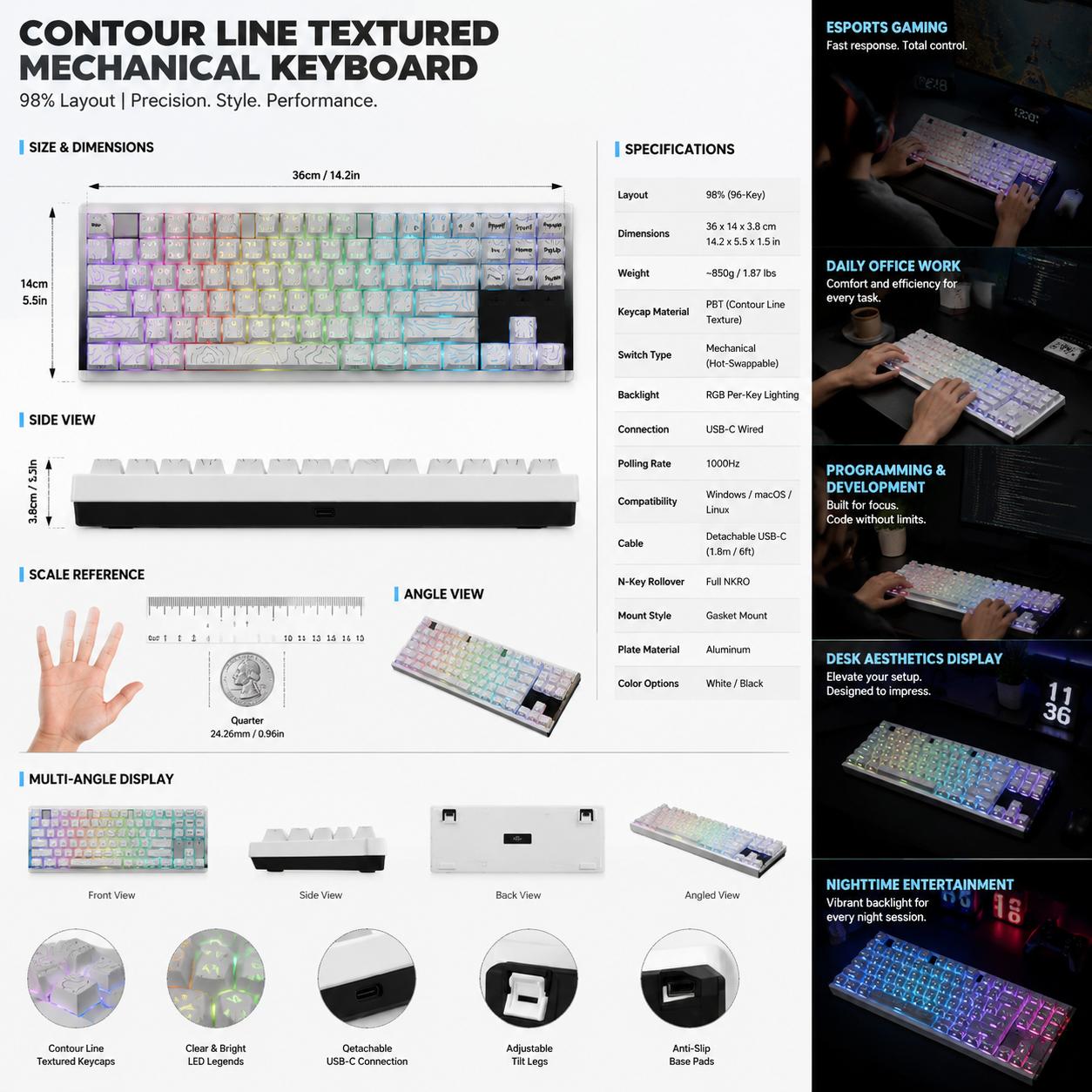 Full Size 104-Key CNC Full Aluminum Mechanical Keyboard, Hot Swappable Wired Gaming Keyboard with White Topographic Lines, Side-Printed Backlighting